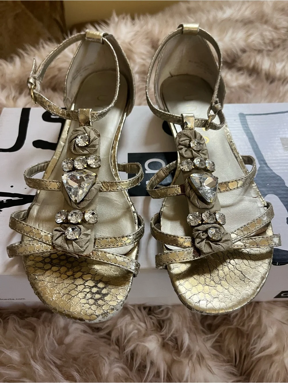 Unisa Gold Metallic Crystal Embellished T-Strap Heels